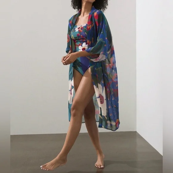 Chicos Gottex Botanical Gardens Sheer Kimono Cover Up Robe